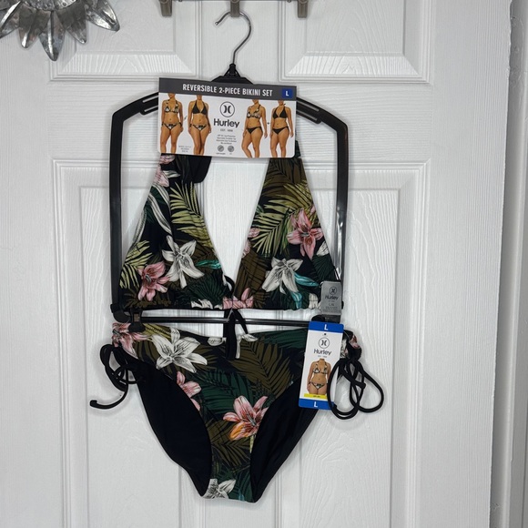 Hurley Women’s Reversible 2 pc Floral Print Bikini - Black and Pink Sz L NWT - Picture 1 of 12